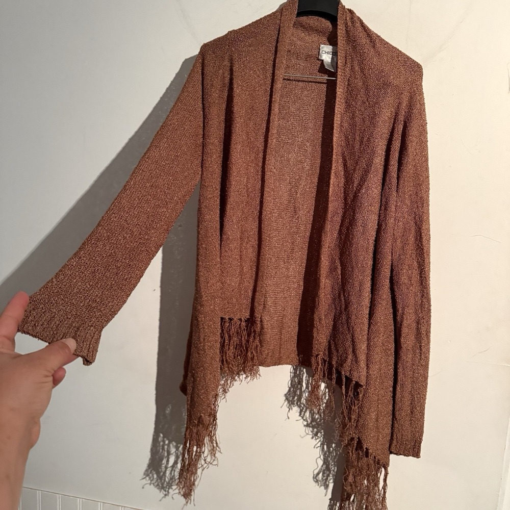 Chicos Small Medium Fringe Cardigan Boho Lagenlook Layer Open‎ Front Earthy